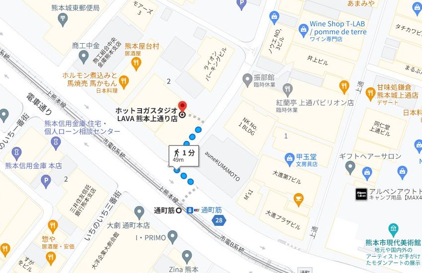 熊本市電「通町筋」停留場からLAVA熊本上通り店への行き方