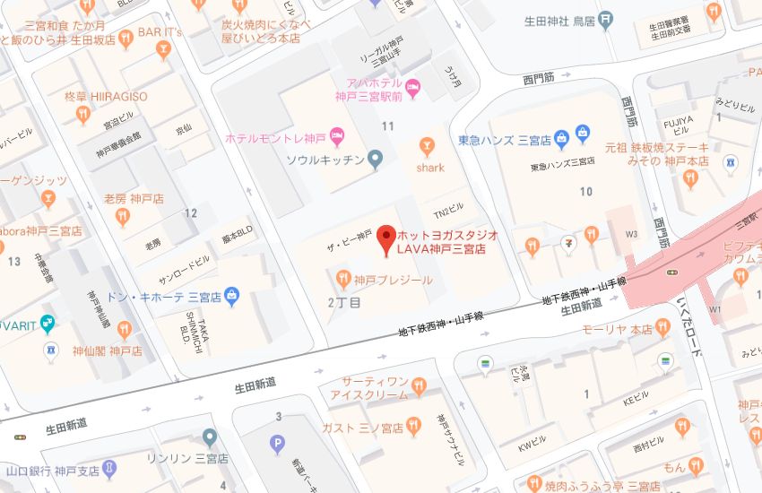 ホットヨガスタジオLAVA神戸三宮店地図